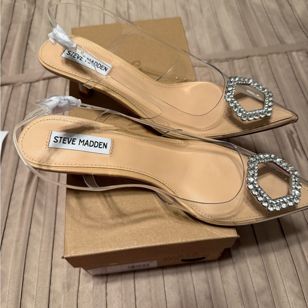 Steve Madden Tan and Clear Heels with Crystal Details